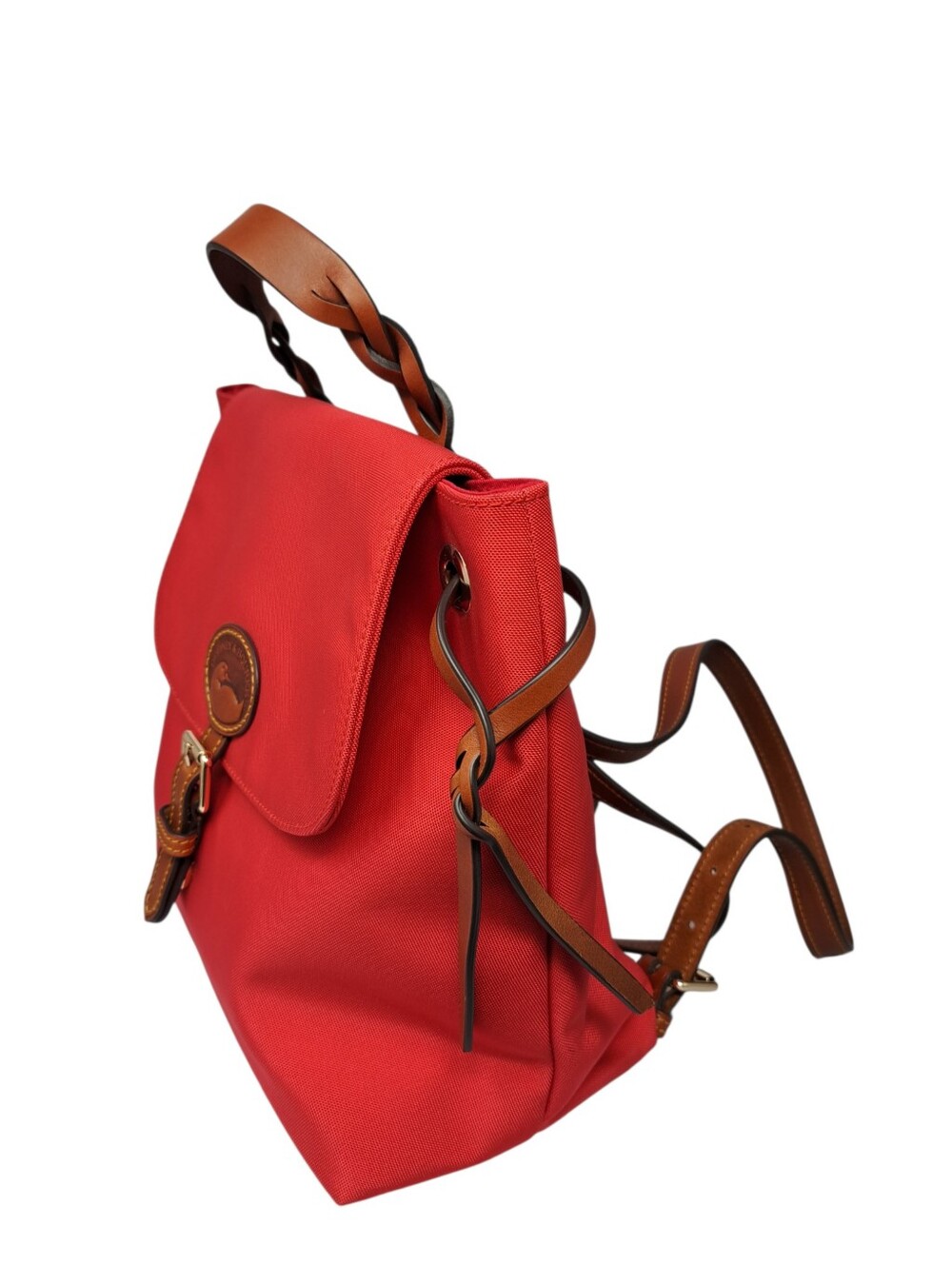 Dooney & Bourke Red Nylon and Tan Leather Flap Backpack Bag - Picture 4 of 9